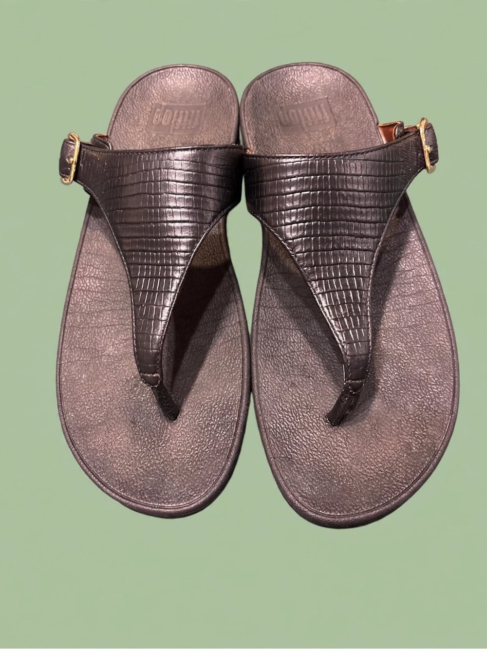 Fitflop The Skinny Black Croc-Embossed Leather Thong Sandals Size 8